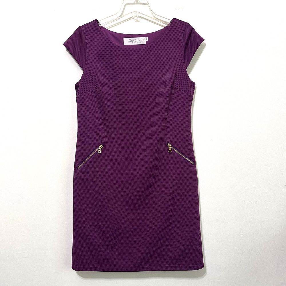Christin Michaels‎ Sheath Dress 10 Purple Zipper Detail Stretch Textured Party